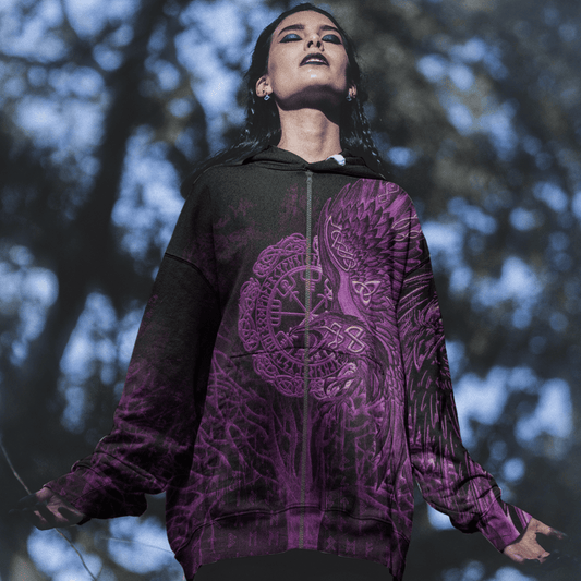 Viking Style Women Zip Hoodie - Vegvisir Raven Viking Pink A39 VKNGB