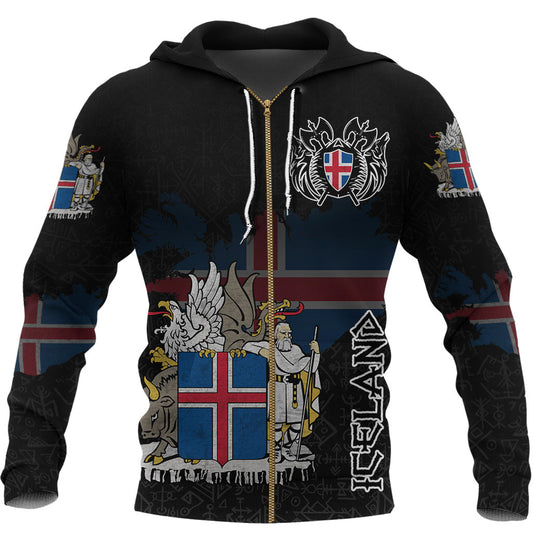 (Custom) Viking Style - Iceland Flag and Map Zip Hoodie style Viking Geri & Freki A35 VKNGB