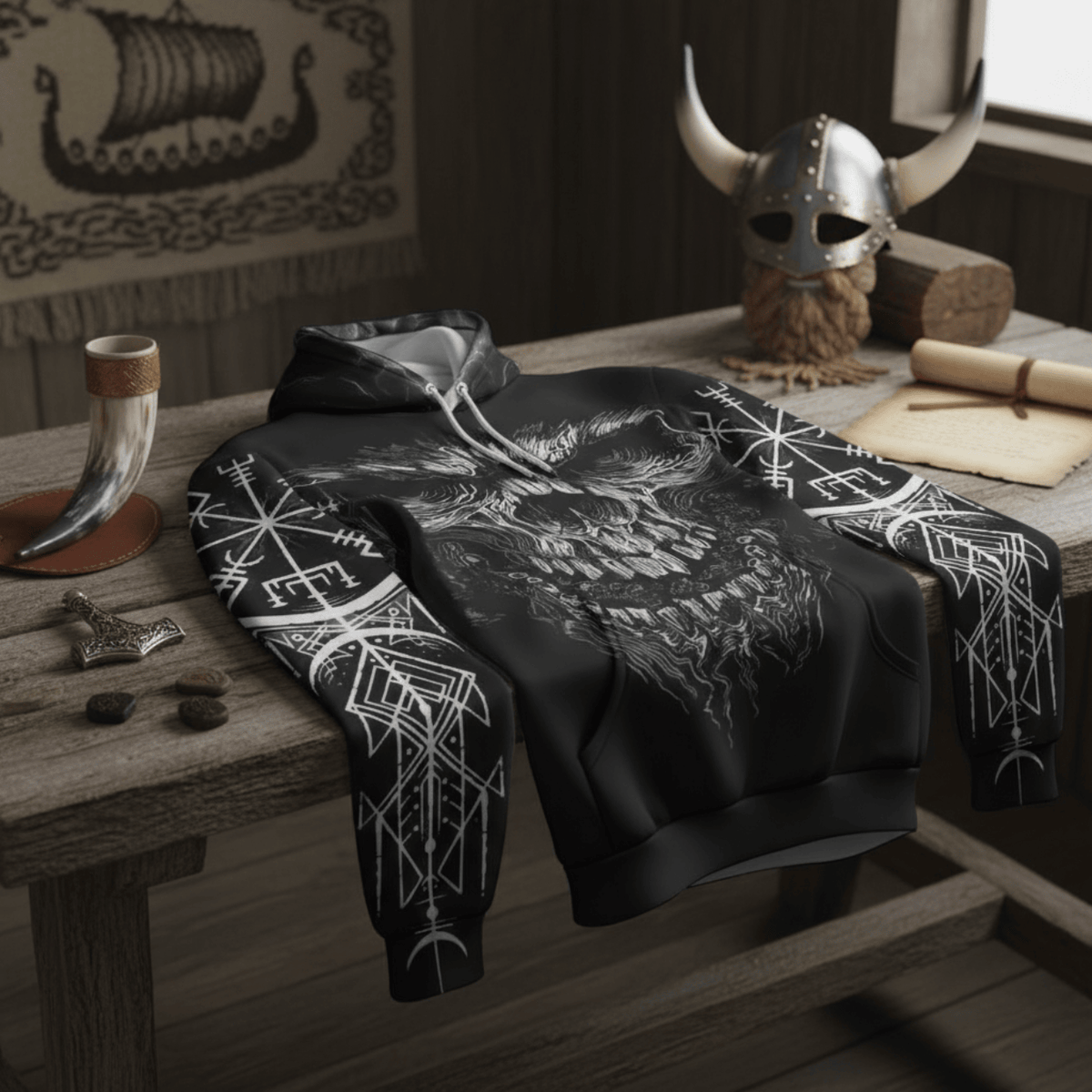 VikingStyle Clothing - Viking Skull and Vegvisir Hoodie A39 VKNGB