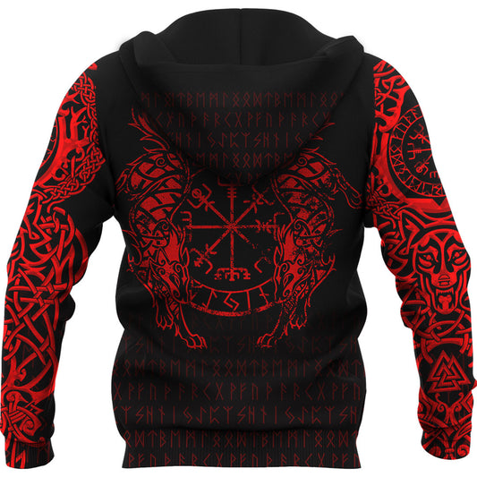 Viking Style Hoodie - Viking Compass Vegvisir - Red Version Tattoo Hoodie A39 VKNGB