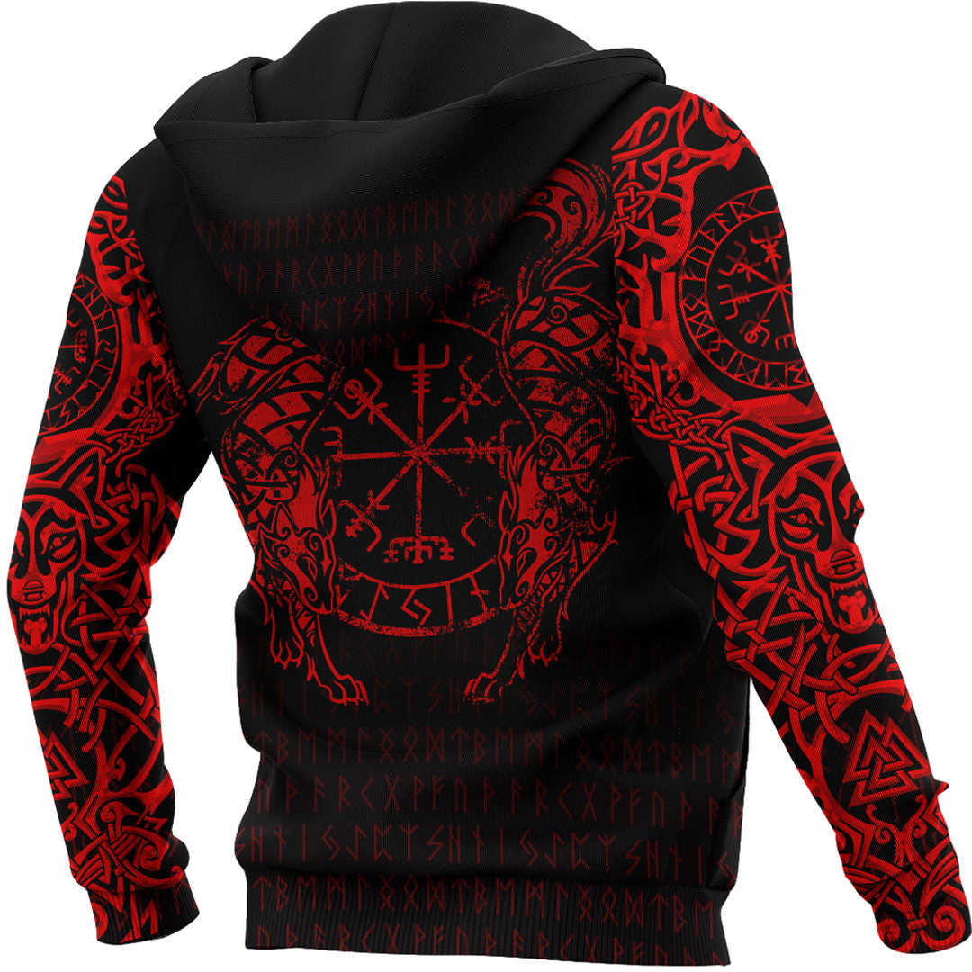 Viking Style Hoodie - Viking Compass Vegvisir - Red Version Tattoo Hoodie A39 VKNGB