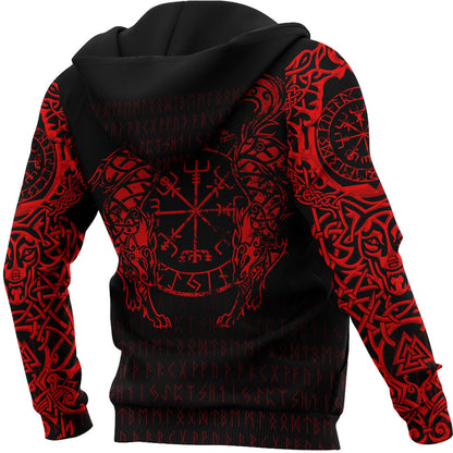 Viking Style Hoodie - Viking Compass Vegvisir - Red Version Tattoo Hoodie A39 VKNGB