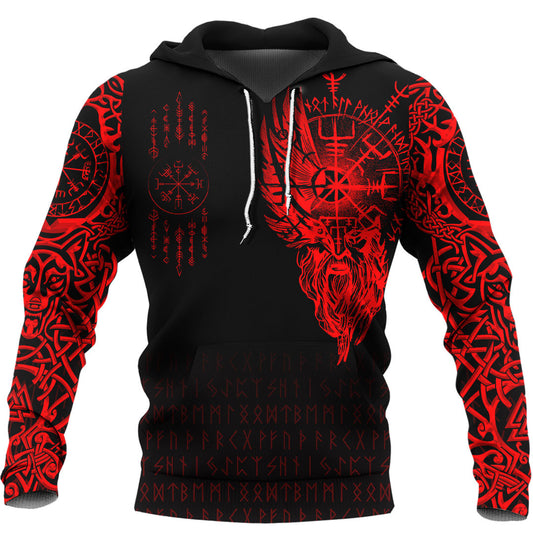 Viking Style Hoodie - Viking Compass Vegvisir - Red Version Tattoo Hoodie A39 VKNGB