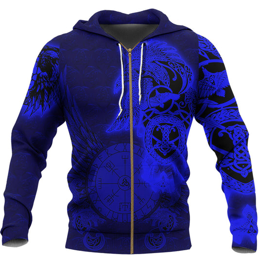 VikingStyle Clothing -Viking Raven Blue Zip Hoodie A39 VKNGB