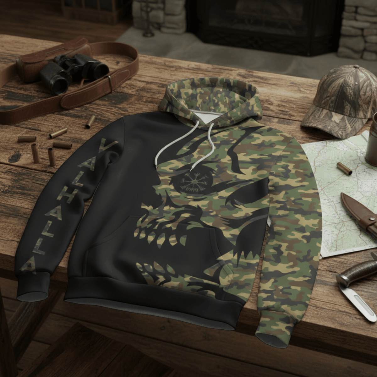 VikingStyle Clothing - VIKING CAMO VEGVISIR Viking Hoodie A39 VKNGB