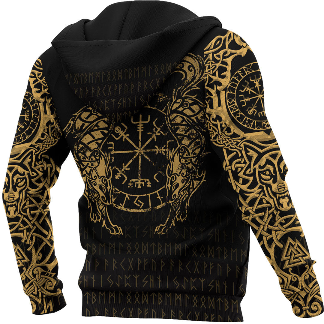 Viking Style Hoodie - Viking Compass Vegvisir Tattoo - Gold Version Hoodie A7 VKNGB