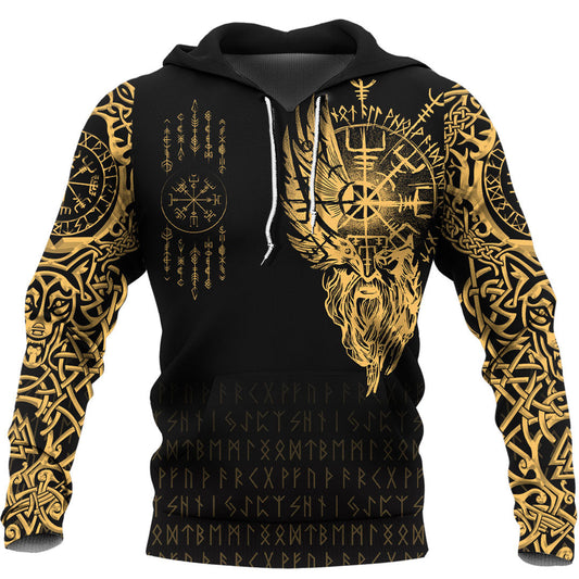 Viking Style Hoodie - Viking Compass Vegvisir Tattoo - Gold Version Hoodie A7 VKNGB