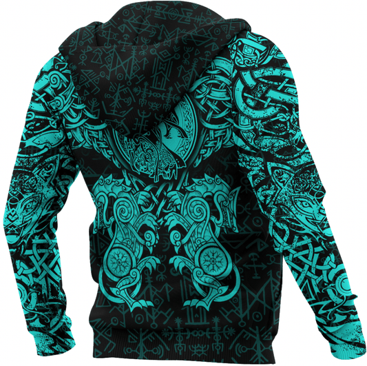 Viking Style Clothing - Viking Dragon and Wolf Tattoo Cyan Hoodie A39 VKNGB