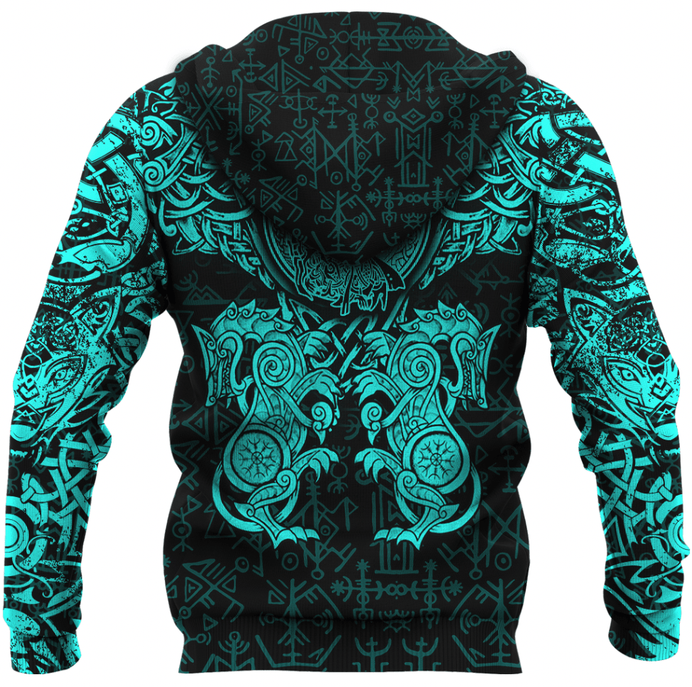 Viking Style Clothing - Viking Dragon and Wolf Tattoo Cyan Hoodie A39 VKNGB