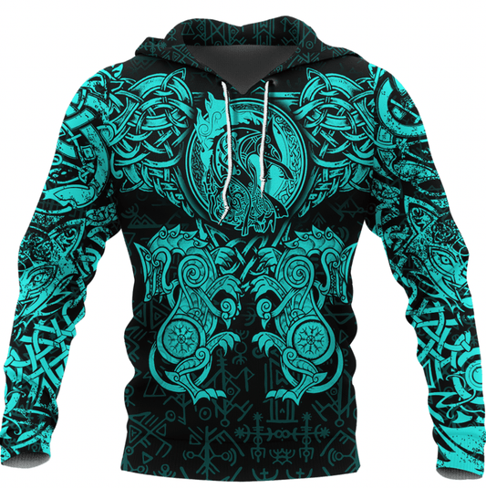 Viking Style Clothing - Viking Dragon and Wolf Tattoo Cyan Hoodie A39 VKNGB