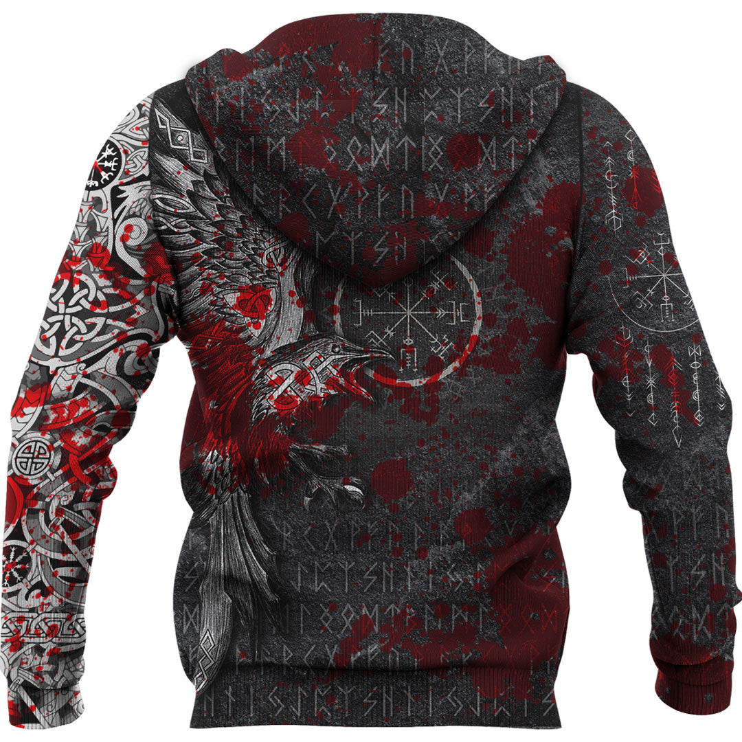 Viking Style Hoodie - Viking Odin Raven Tattoo Style - Blood Version Hoodie A7 VKNGB