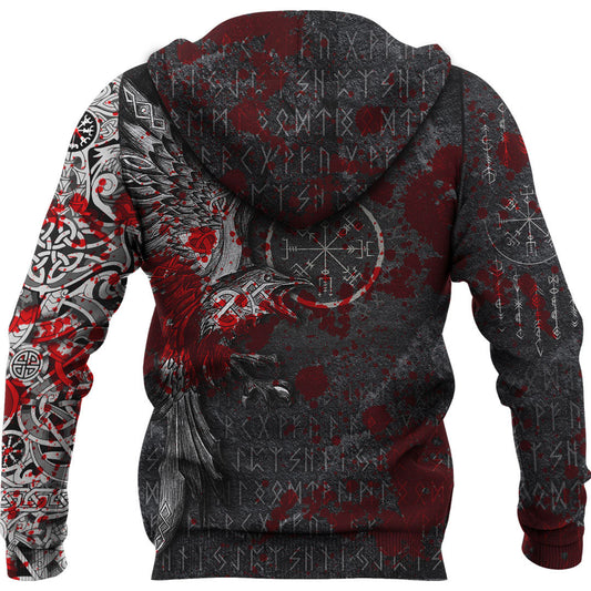 Viking Style Hoodie - Viking Odin Raven Tattoo Style - Blood Version Hoodie A7 VKNGB