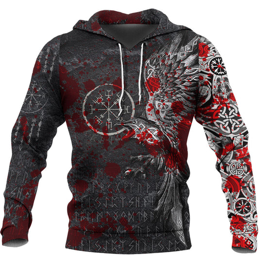 Viking Style Hoodie - Viking Odin Raven Tattoo Style - Blood Version Hoodie A7 VKNGB