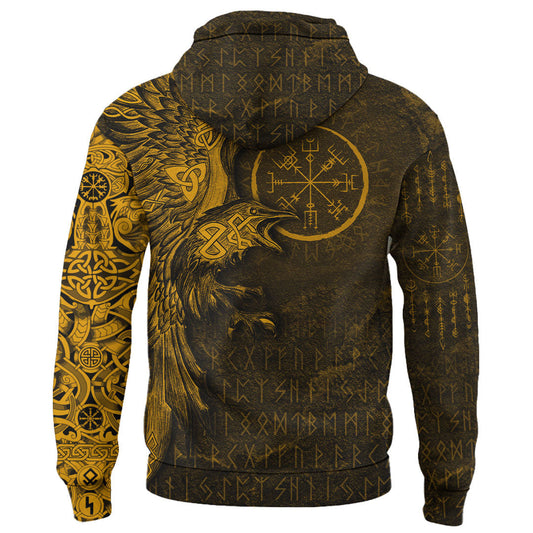 Viking Style Hoodie - Vegvisir With Raven - Viking Compass - Gold Version Warship Hoodie A39 VKNGB