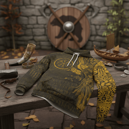 Viking Style Hoodie - Vegvisir With Raven - Viking Compass - Gold Version Warship Hoodie A39 VKNGB