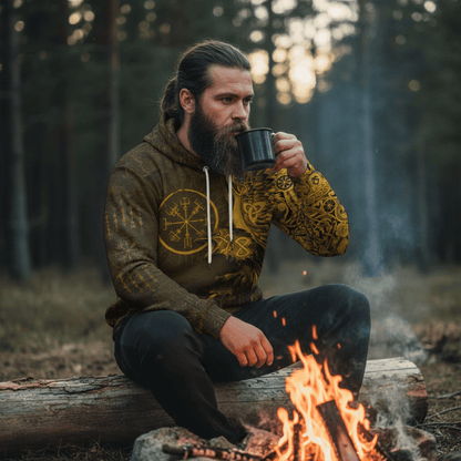 Viking Style Hoodie - Vegvisir With Raven - Viking Compass - Gold Version Warship Hoodie A39 VKNGB