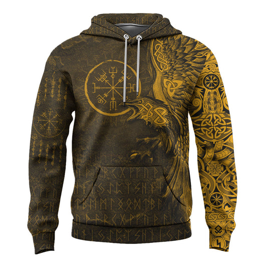 Viking Style Hoodie - Vegvisir With Raven - Viking Compass - Gold Version Warship Hoodie A39 VKNGB