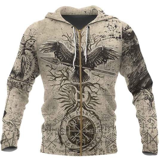 Viking Style Hoodie - Viking Raven Carry Spear of Odin Vintage Hoodie A39 VKNGB