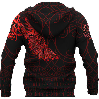 Viking Style Hoodie - Viking Odin’s Raven Tattoo - Red Version Hoodie A7 VKNGB