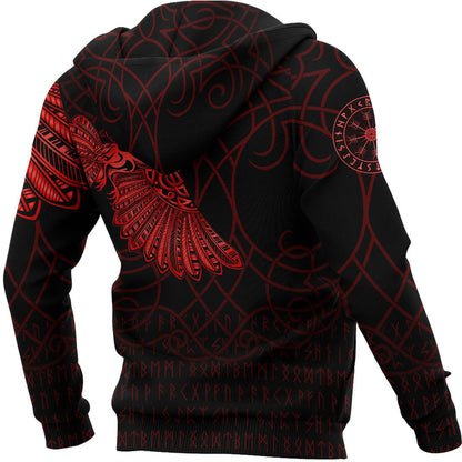 Viking Style Hoodie - Viking Odin’s Raven Tattoo - Red Version Hoodie A7 VKNGB