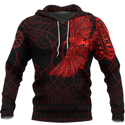 Viking Style Hoodie - Viking Odin’s Raven Tattoo - Red Version Hoodie A7 VKNGB