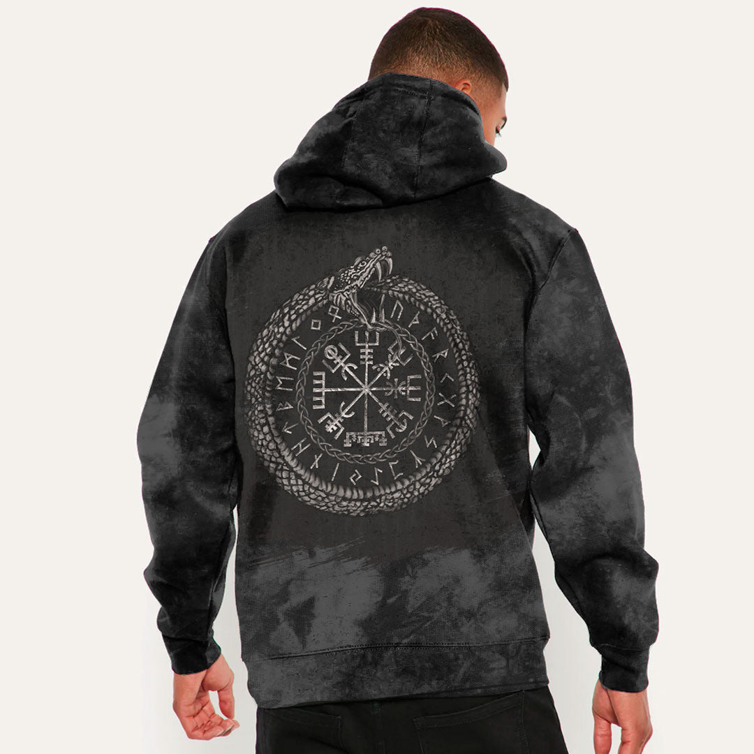 Viking Style Hoodie -Vegvisir With Ouroboros And Runes Hoodie A39 VKNGB