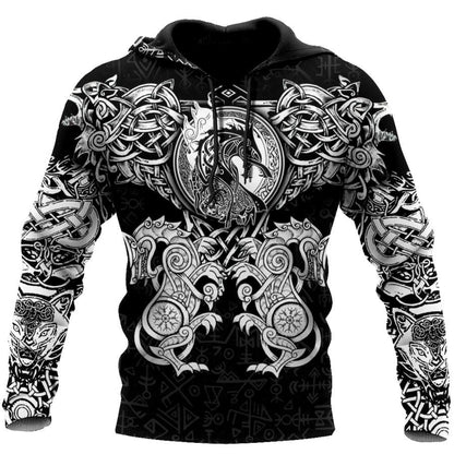 VikingStyle Clothing - All Over Printed Viking Wolf Hoodie VKNGB