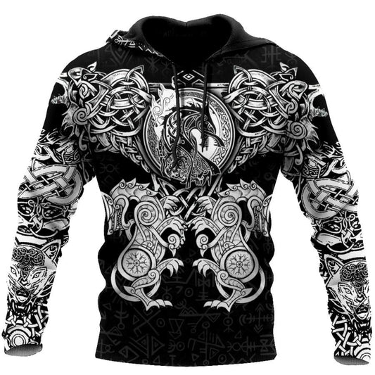 VikingStyle Clothing - All Over Printed Viking Wolf Hoodie VKNGB