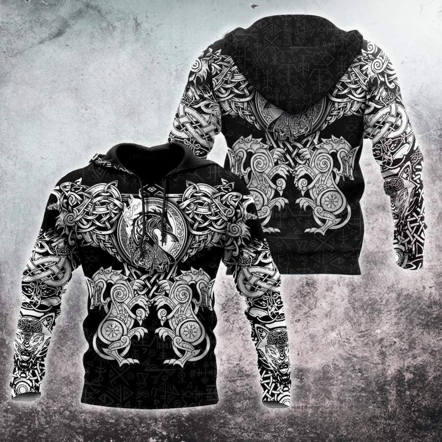 VikingStyle Clothing - All Over Printed Viking Wolf Hoodie VKNGB