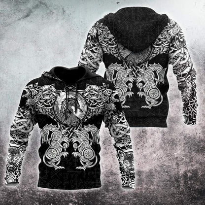 VikingStyle Clothing - All Over Printed Viking Wolf Hoodie VKNGB