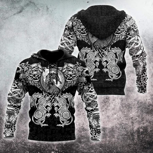 VikingStyle Clothing - All Over Printed Viking Wolf Hoodie VKNGB