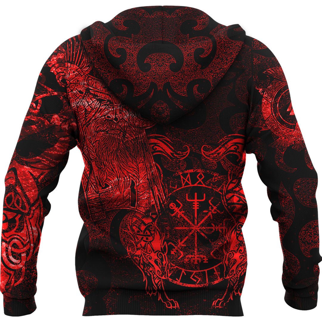 Viking Style Hoodie - Viking Odin Tattoo - Red Version Wolf Hoodie A7 VKNGB