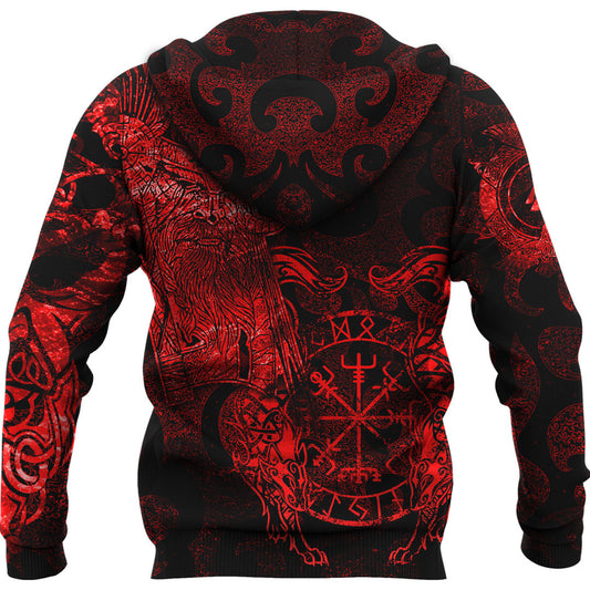 Viking Style Hoodie - Viking Odin Tattoo - Red Version Wolf Hoodie A7 VKNGB