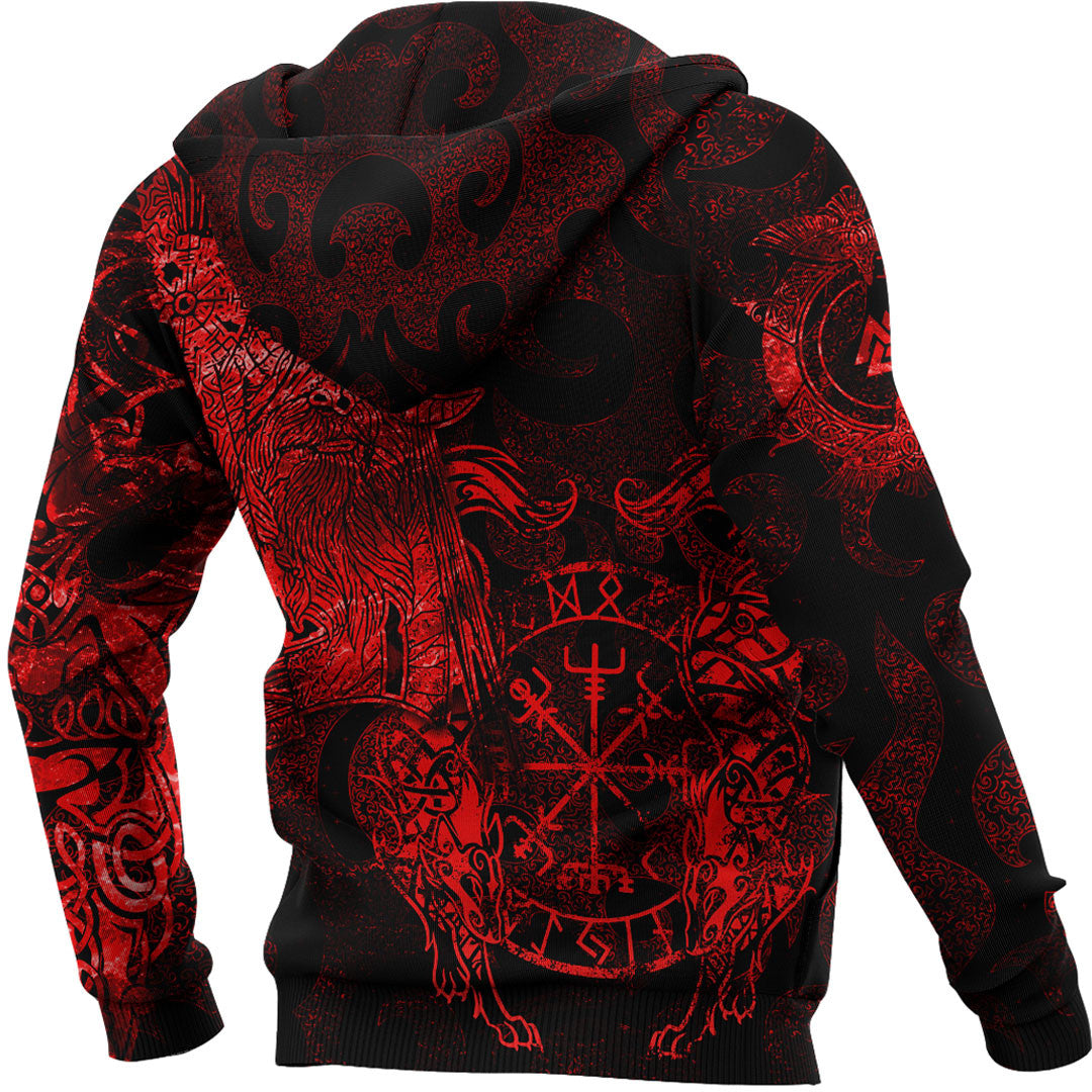 Viking Style Hoodie - Viking Odin Tattoo - Red Version Wolf Hoodie A7 VKNGB