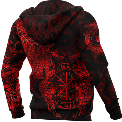 Viking Style Hoodie - Viking Odin Tattoo - Red Version Wolf Hoodie A7 VKNGB