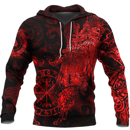 Viking Style Hoodie - Viking Odin Tattoo - Red Version Wolf Hoodie A7 VKNGB