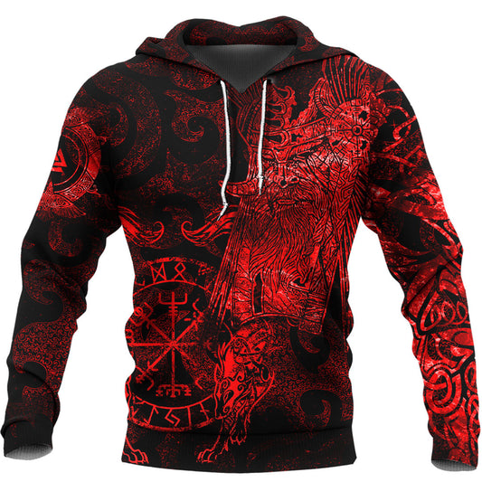 Viking Style Hoodie - Viking Odin Tattoo - Red Version Wolf Hoodie A7 VKNGB