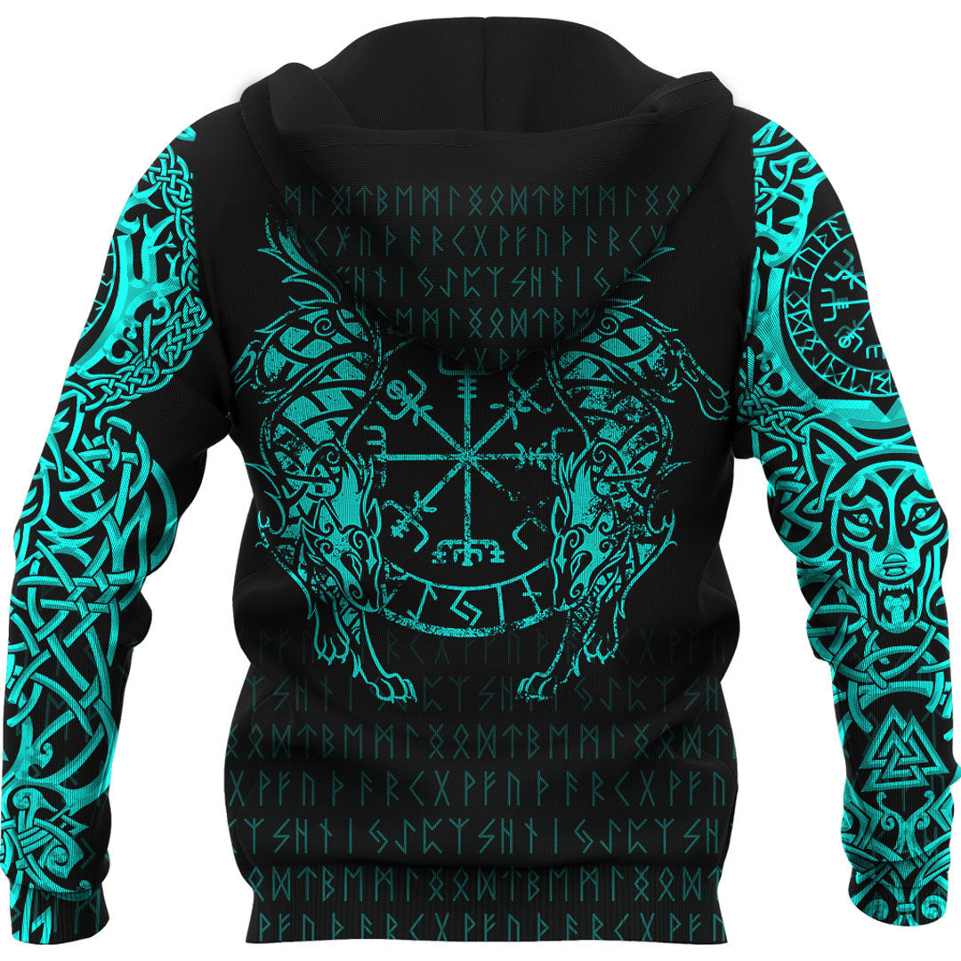 Viking Style Hoodie - Viking Compass Vegvisir Tattoo - Cyan Version Hoodie A39 VKNGB