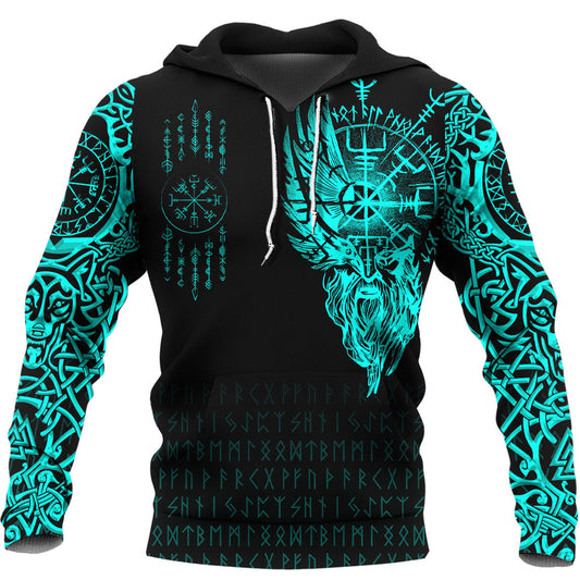 Viking Style Hoodie - Viking Compass Vegvisir Tattoo - Cyan Version Hoodie A39 VKNGB