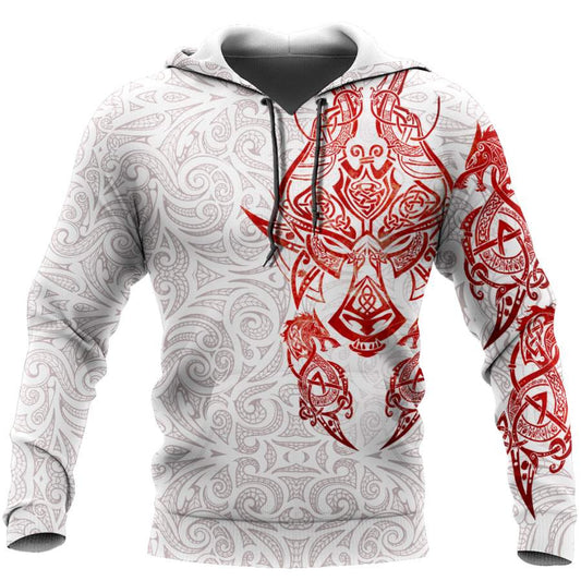 VikingStyle Clothing - Red & White Viking Tattoo Dragon Hoodie A39 VKNGB