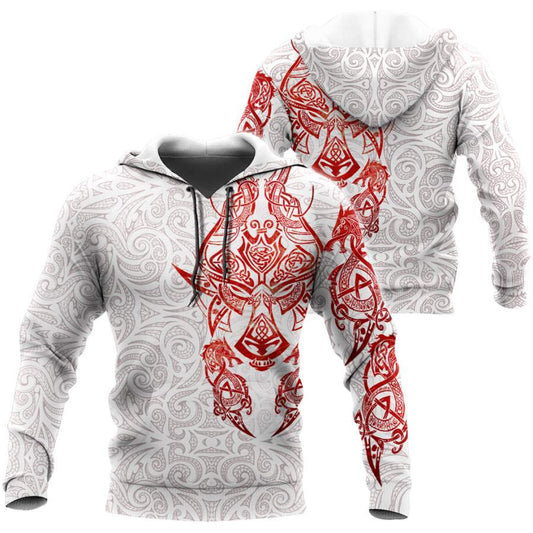 VikingStyle Clothing - Red & White Viking Tattoo Dragon Hoodie A39 VKNGB