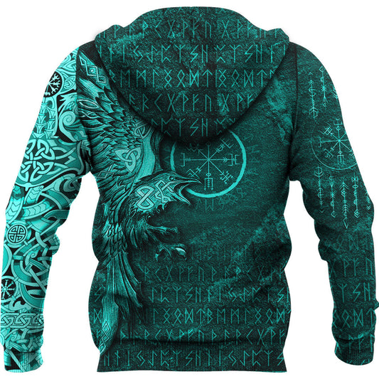 Viking Style Hoodie - Vegvisir With Raven - Viking Compass Hoodie - Cyan Version A39 VKNGB