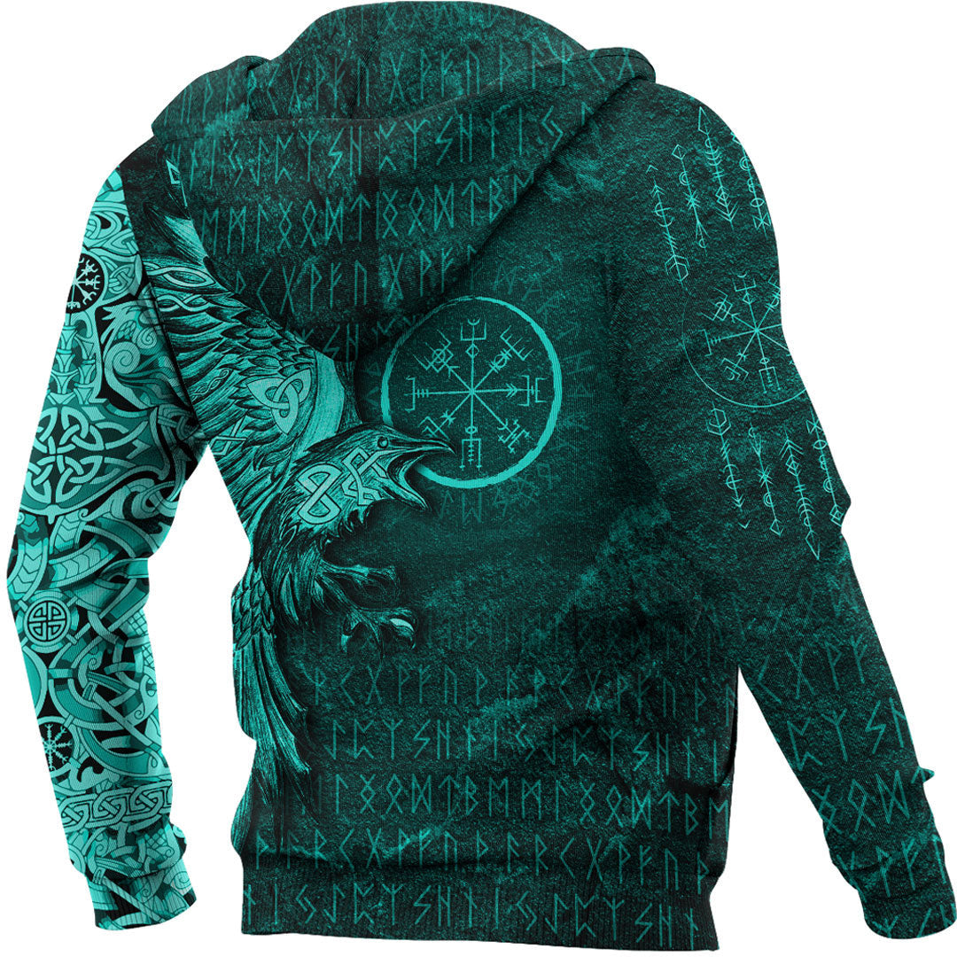 Viking Style Hoodie - Vegvisir With Raven - Viking Compass Hoodie - Cyan Version A39 VKNGB