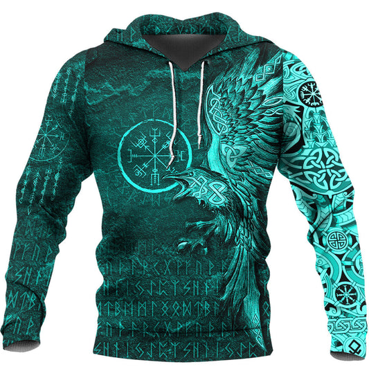 Viking Style Hoodie - Vegvisir With Raven - Viking Compass Hoodie - Cyan Version A39 VKNGB