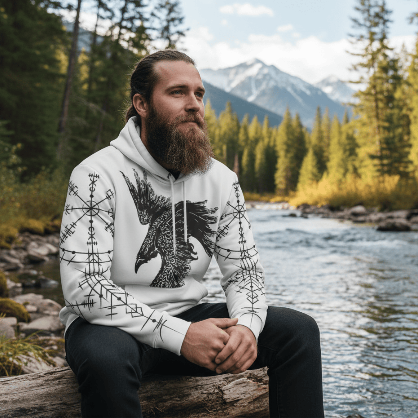 VikingStyle Clothing - RAVEN VEGVISIR - VIKING Hoodie A39 VKNGB
