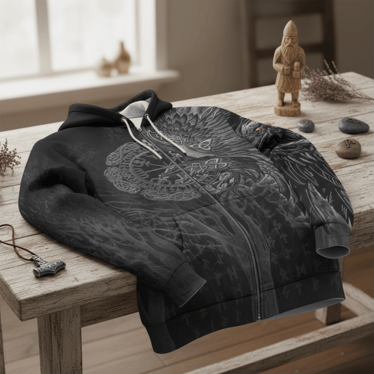 Viking Style Hoodie - Vegvisir Raven Viking Hoodie A39 VKNGB