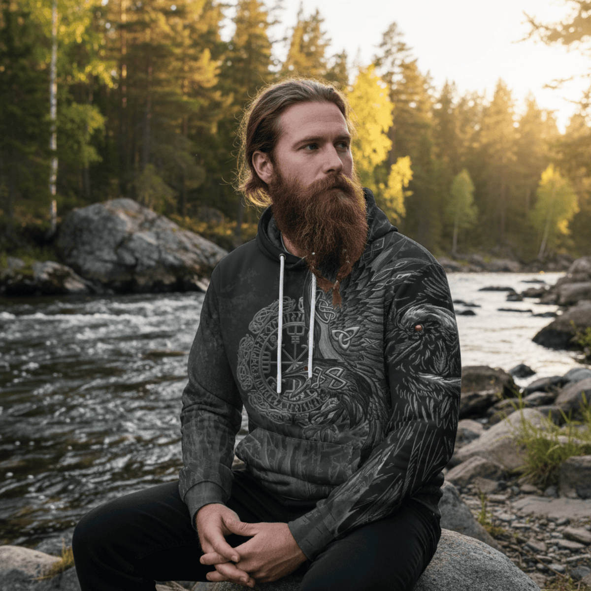 Viking Style Hoodie - Vegvisir Raven Viking Hoodie A39 VKNGB