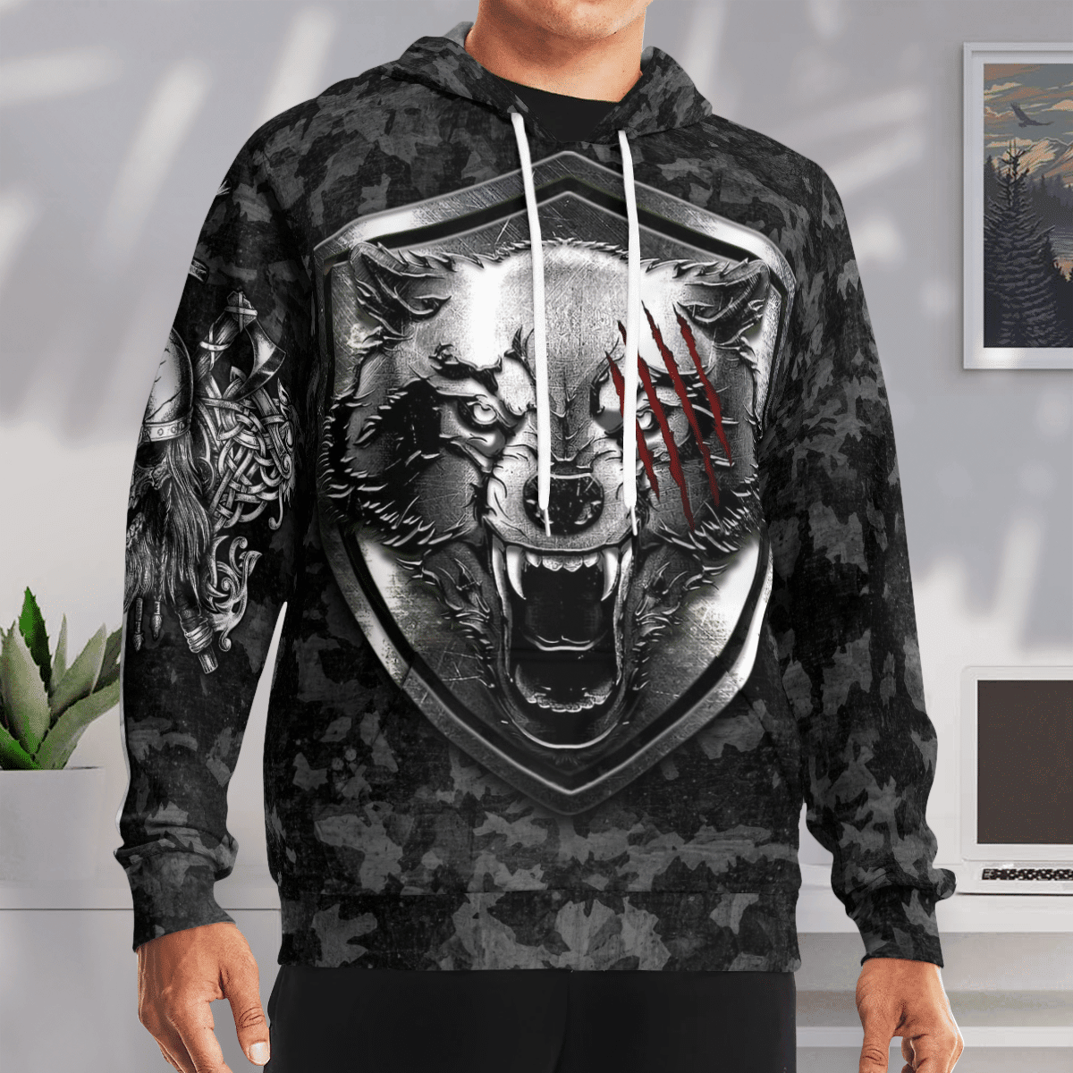 VikingStyle Clothing - Viking FENRIR WOLF AND HAMMER Hoodie VKNGB
