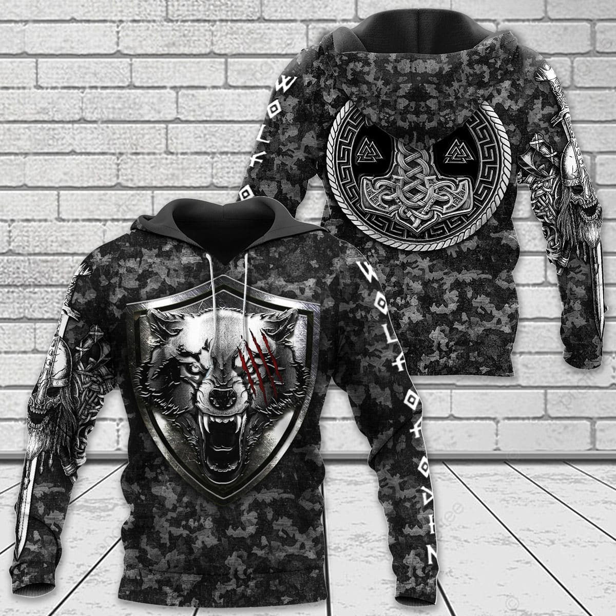 VikingStyle Clothing - Viking FENRIR WOLF AND HAMMER Hoodie VKNGB