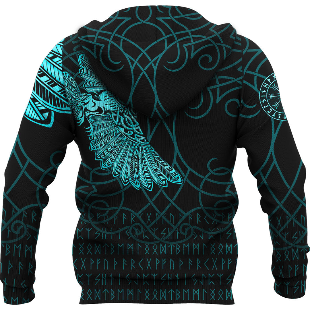 (Custom) Viking Style Hoodie - Viking Odin's Celtic Ravens - Cyan Version Tattoo Hoodie A7 VKNGB